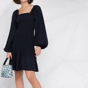 Ganni Square Neck Shirred Ripstop Long Sleeve Mini Dress